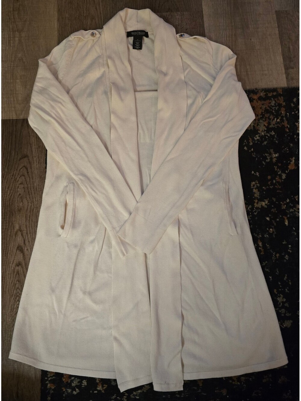 White House Black Market Ivory Duster Cardigan Sweater Size S Epaulets Pockets